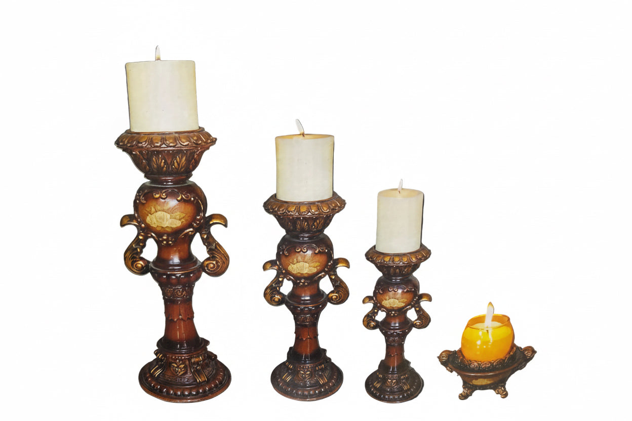 S/4” Bright rose decal wooden finish Roman candle holder set