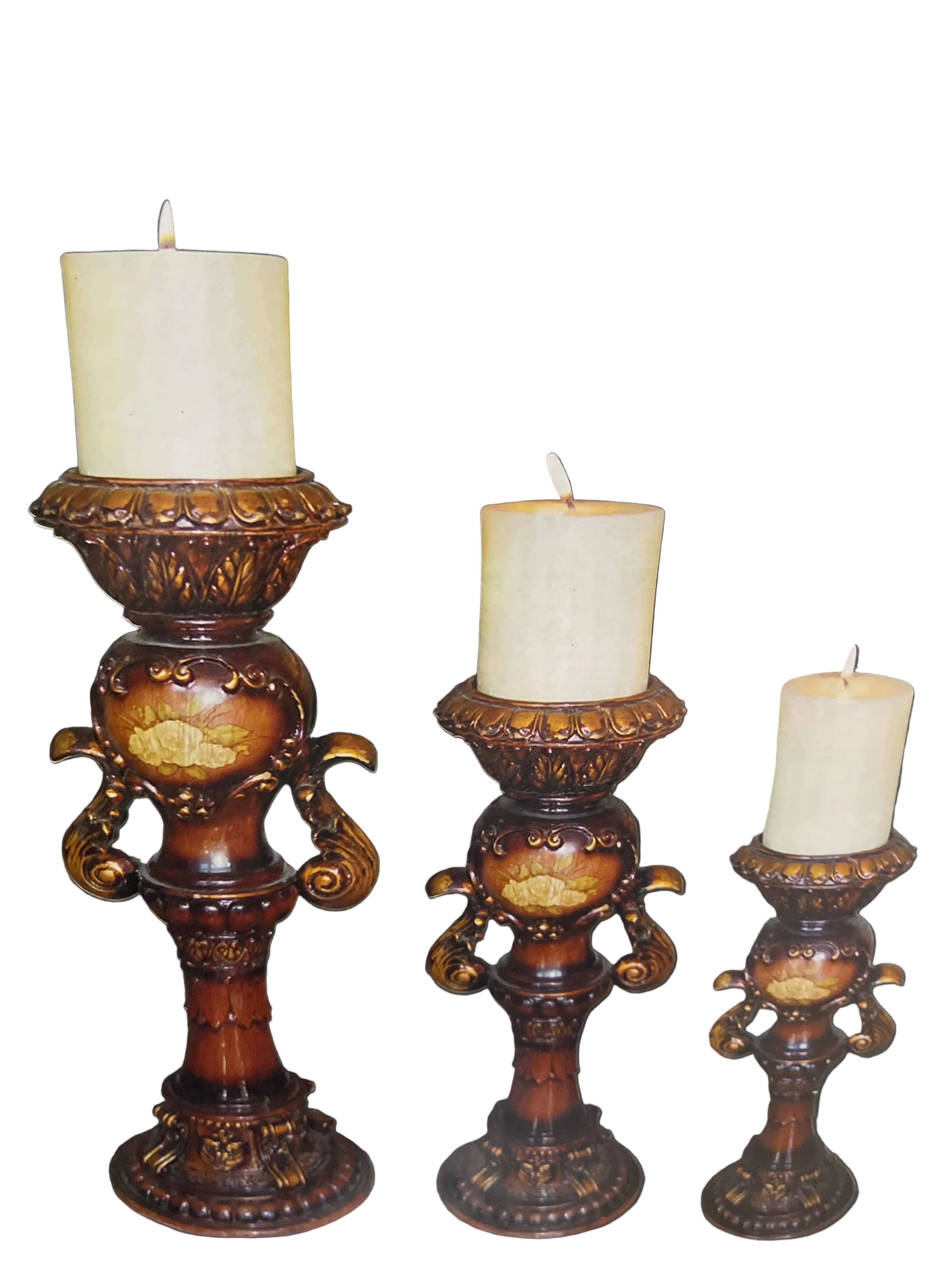 S/4” Bright rose decal wooden finish Roman candle holder set
