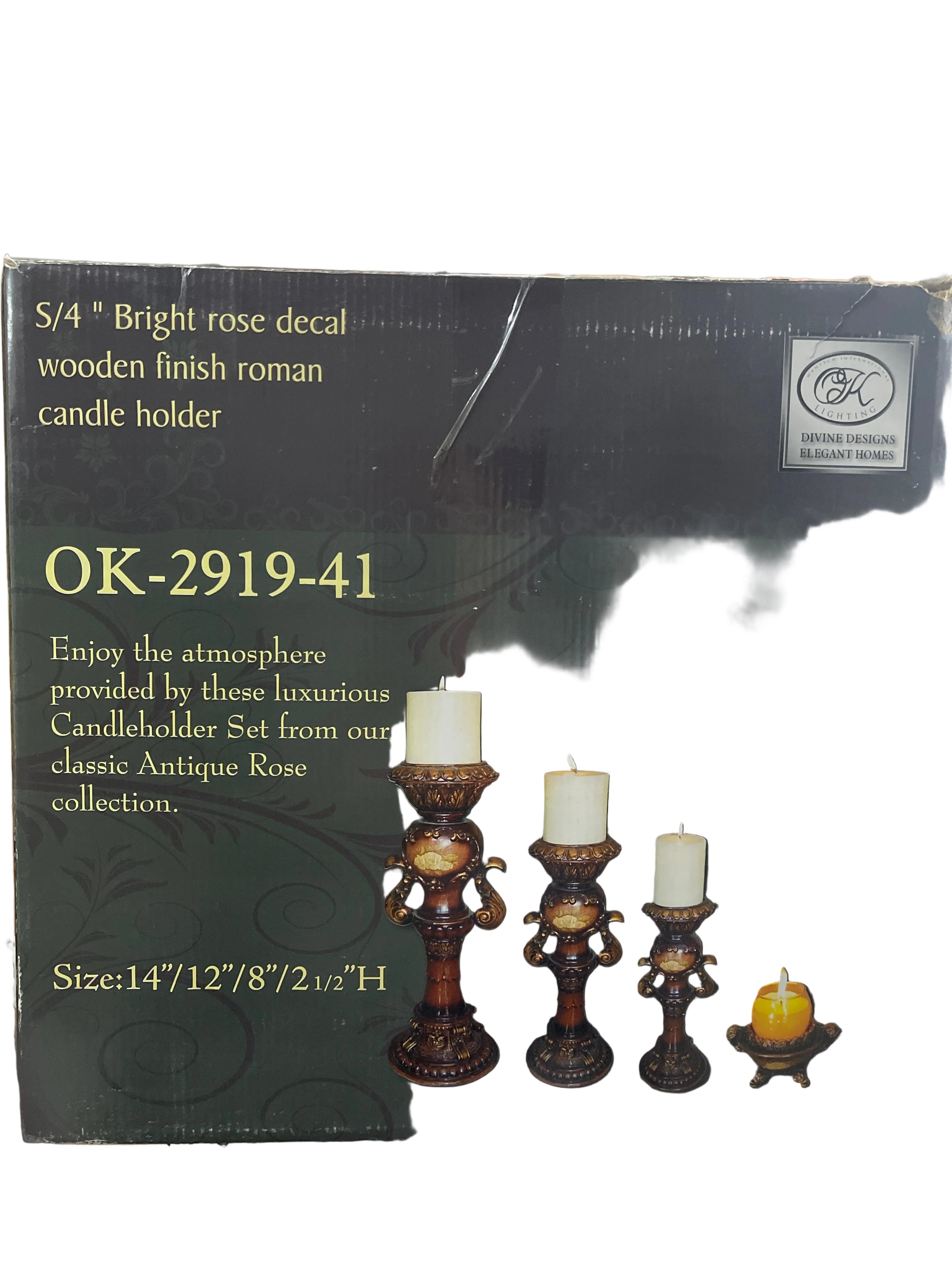 S/4” Bright rose decal wooden finish Roman candle holder set