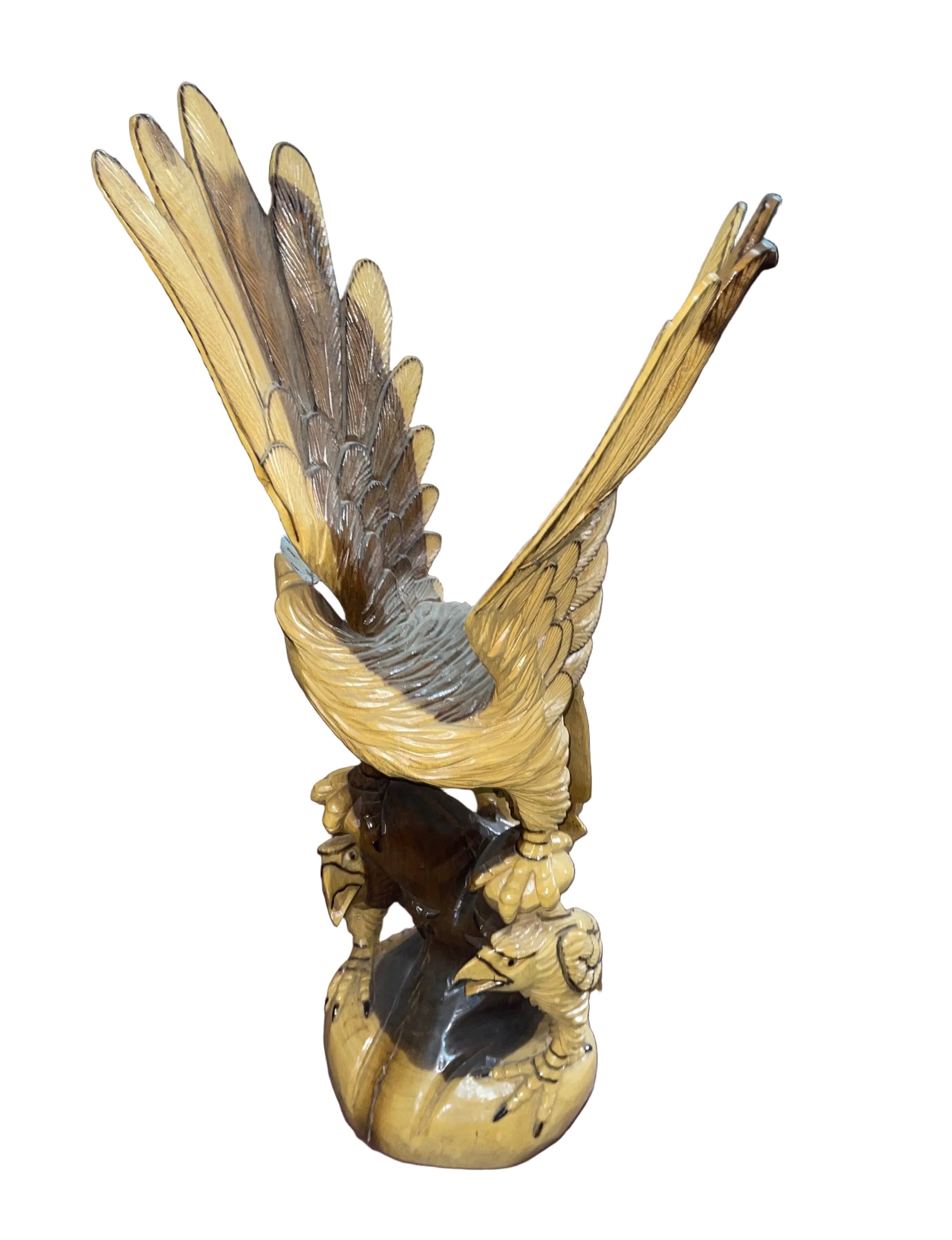 Wooden sculpture of eagles made in Indonesia 51”x12”x18”
