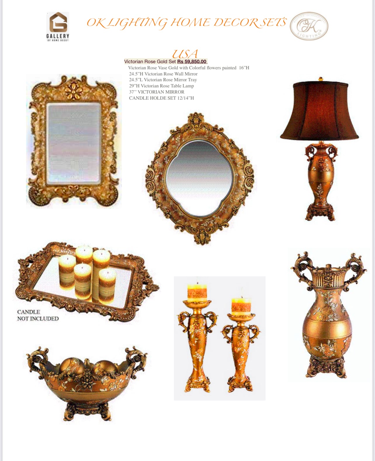 Victorian Rose Gold with Colorful flowers painted set of 7pc